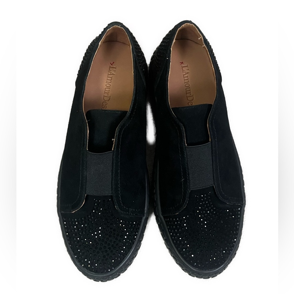 L’Amour Des Pieds NEW Zarrial Bedazzled Black Leather Slip On Sneakers- Size 6.5 - Picture 3 of 9